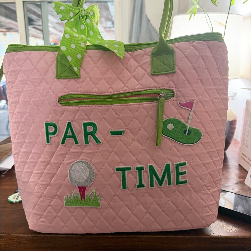 Quilted Pink Tote with Green Trim - Par-T-Time Golf Accent (Hand Made)